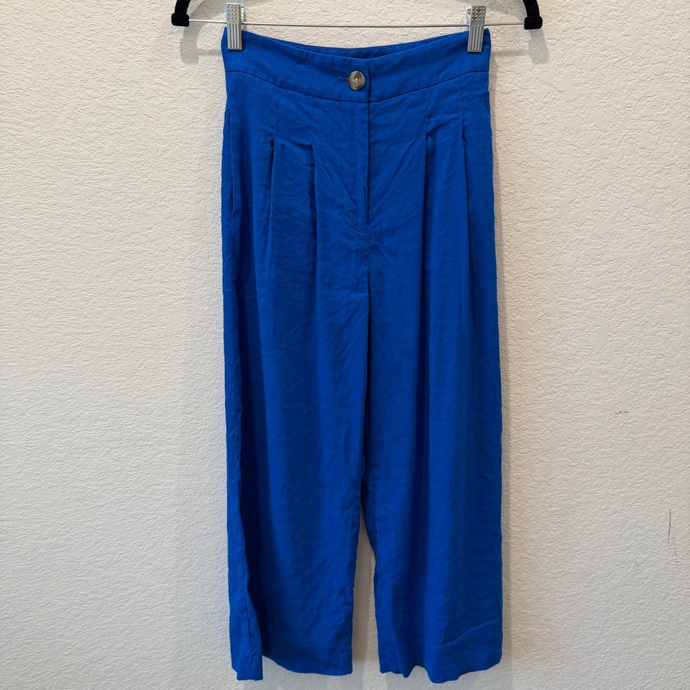 Antonio Melani Cobalt Blue Linen Wide Leg Pleated Trousers Pants Size 0